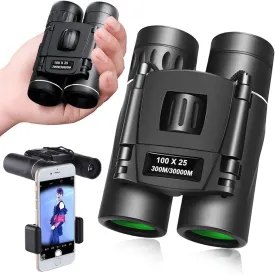 100x25 Compact Binoculars for Adults and Kids with Upgraded Phone Adapter, Lightweight Foldable Binoculars, High Power Easy Focus Binoculars for Bird Watching,Travel,Sightseeing