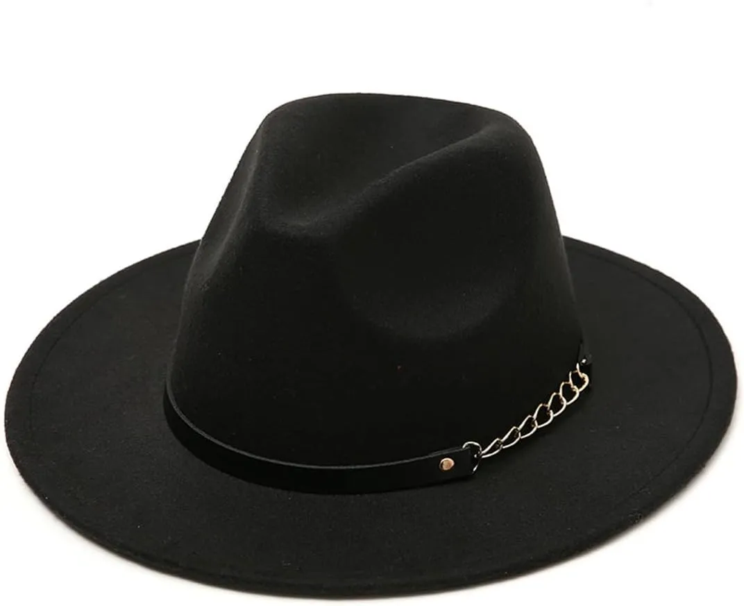 Autumn And Winter Wool Felt Big Brim Hat Men And Women Woolen Chain Hat Classic Retro Jazz Hat 1Pcs