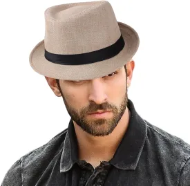 Breathable Fedora Hat for Men Summer Short Brim Sun Hat, Woven Khaki Fedora Cap Lightweight and Stylish Top for Beach, Travel, Casual (One Size)