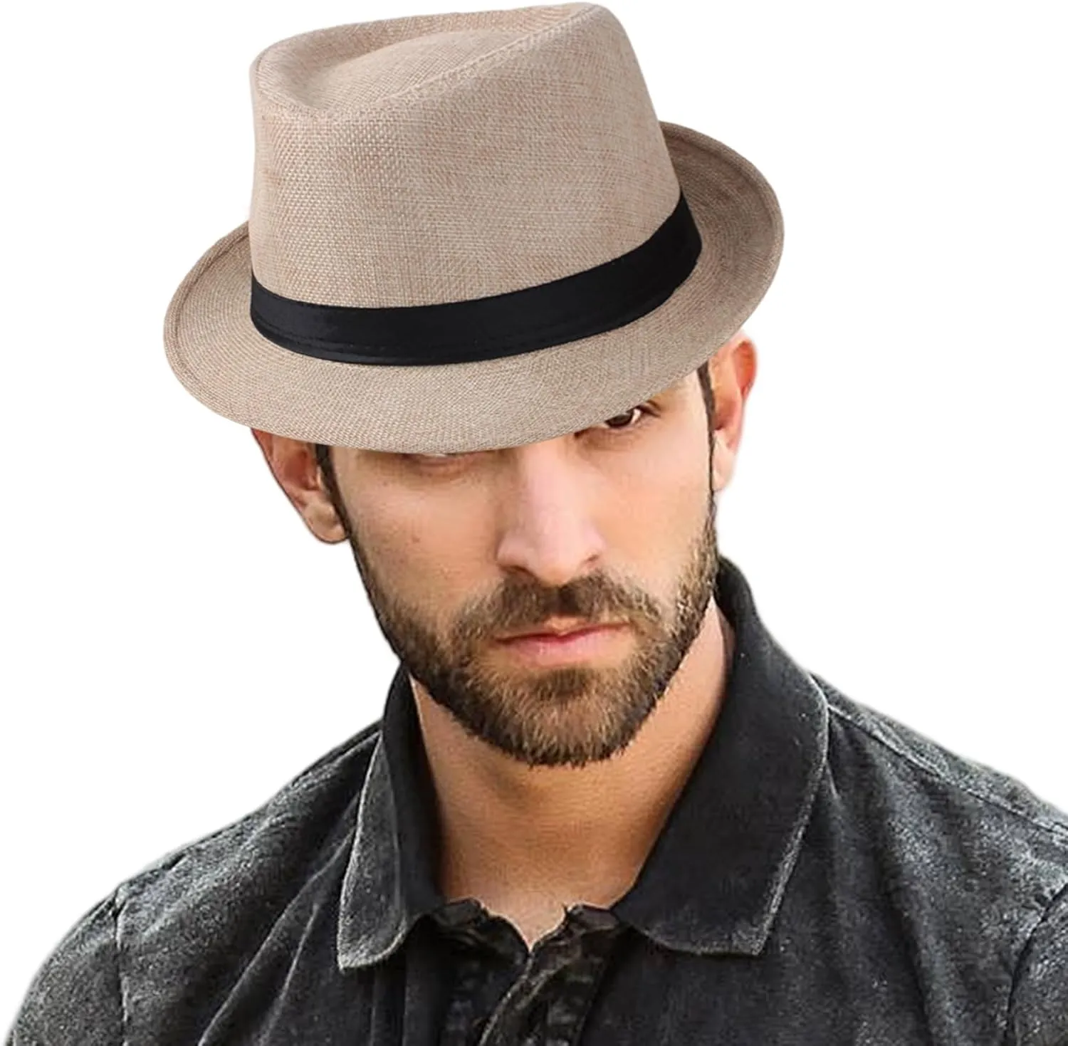 Breathable Fedora Hat for Men Summer Short Brim Sun Hat, Woven Khaki Fedora Cap Lightweight and Stylish Top for Beach, Travel, Casual (One Size)