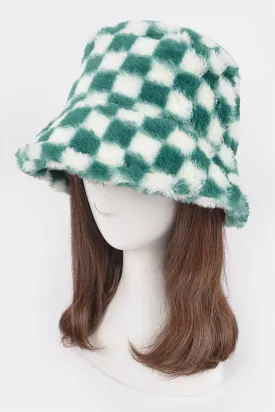 Checker Print Faux Fur Bucket Hat