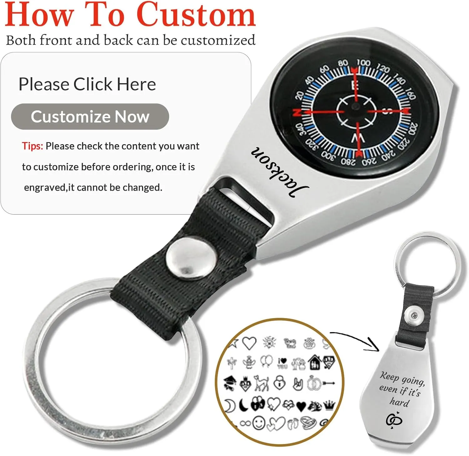 Compass Custom Portable Compasses Keychain with Text Mini Compas with Waterproof Luminous Function Survival Gifts for Men Hiking Camping Hunting Map Navigation Tool