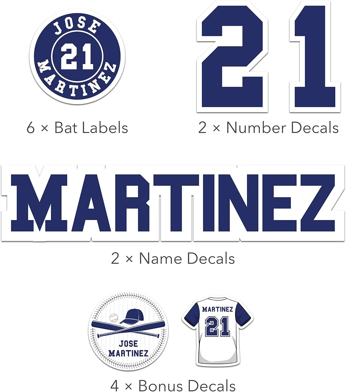 Custom Baseball Helmet Sticker Set - Includes Personalized Decals for Baseball Bats, Softball Bats, Sports Helmets, Bat Knobs and More - Individual (1 Player)
