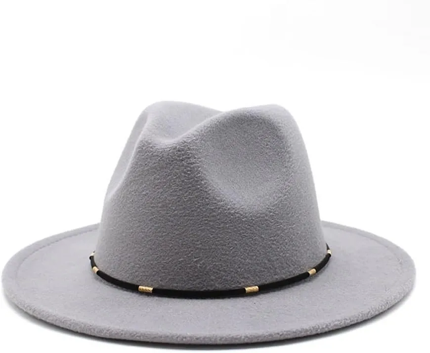 DHAEY Autumn and Winter Woolen British Jazz Hat, European and American Flat Brim Top Hat Four Seasons Versatile Felt Hat Luopan Caps & Hats (Color : Light Grey, Size : Medium(56-58cm))