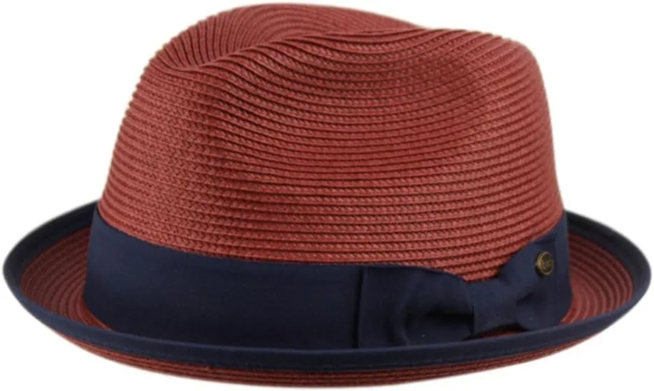 Fedora Men's Spring Summer Small Brim Straw Fedora with Fabric Band (L/XL Burgundy/Blue 2808)