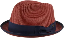 Fedora Men's Spring Summer Small Brim Straw Fedora with Fabric Band (Small Medium, Burgundy/Blue 2808)