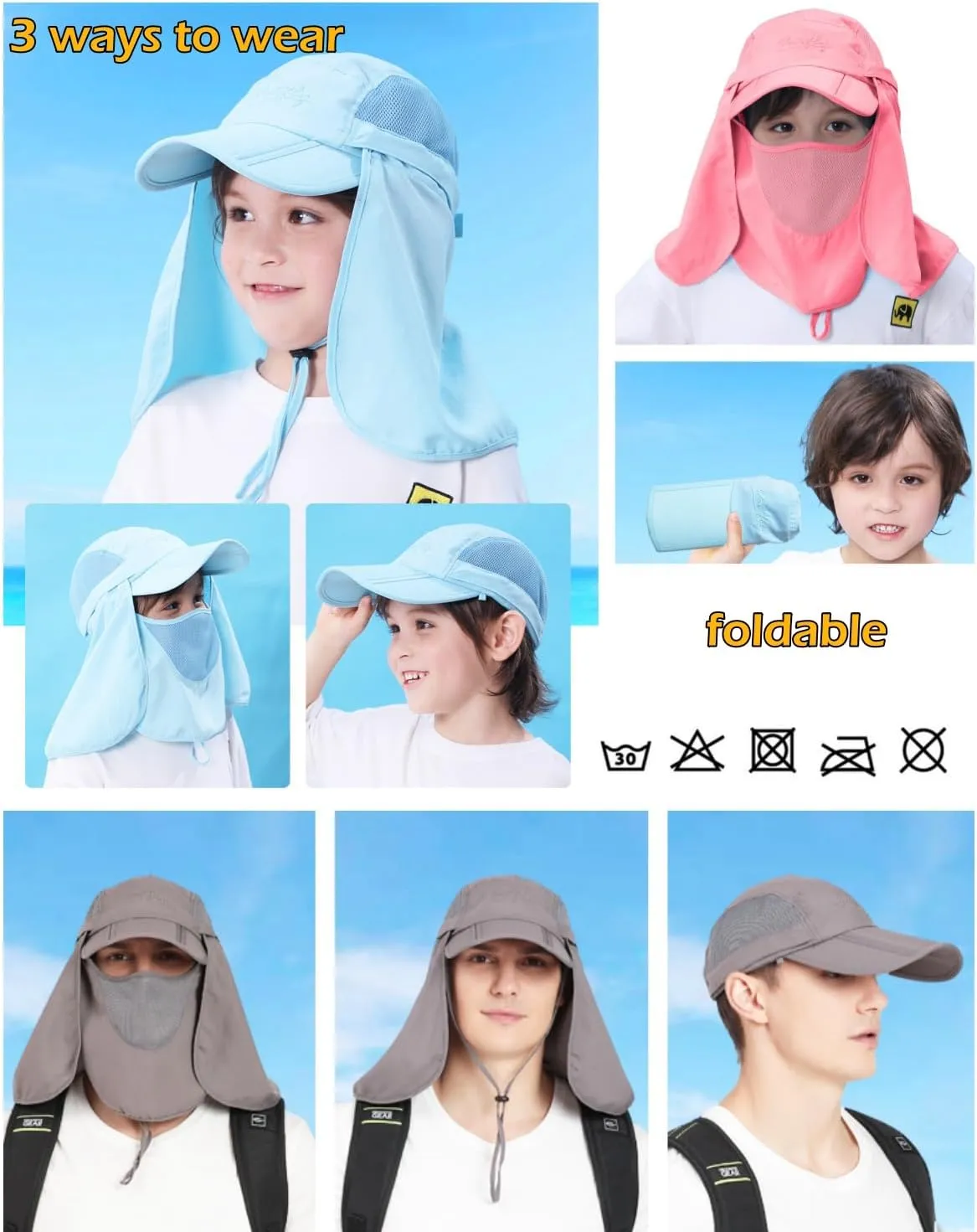 LLmoway Mens Womens Kids Sun Protection Fishing Hat Safari Flap Cap Quick Dry