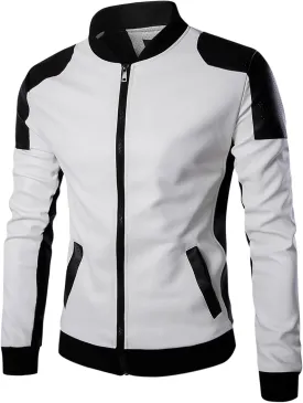 Mens Leather Jacket Color Block Moto Jacket Windproof Zip up Jacket Faux Leather Winter Coat with Pockets