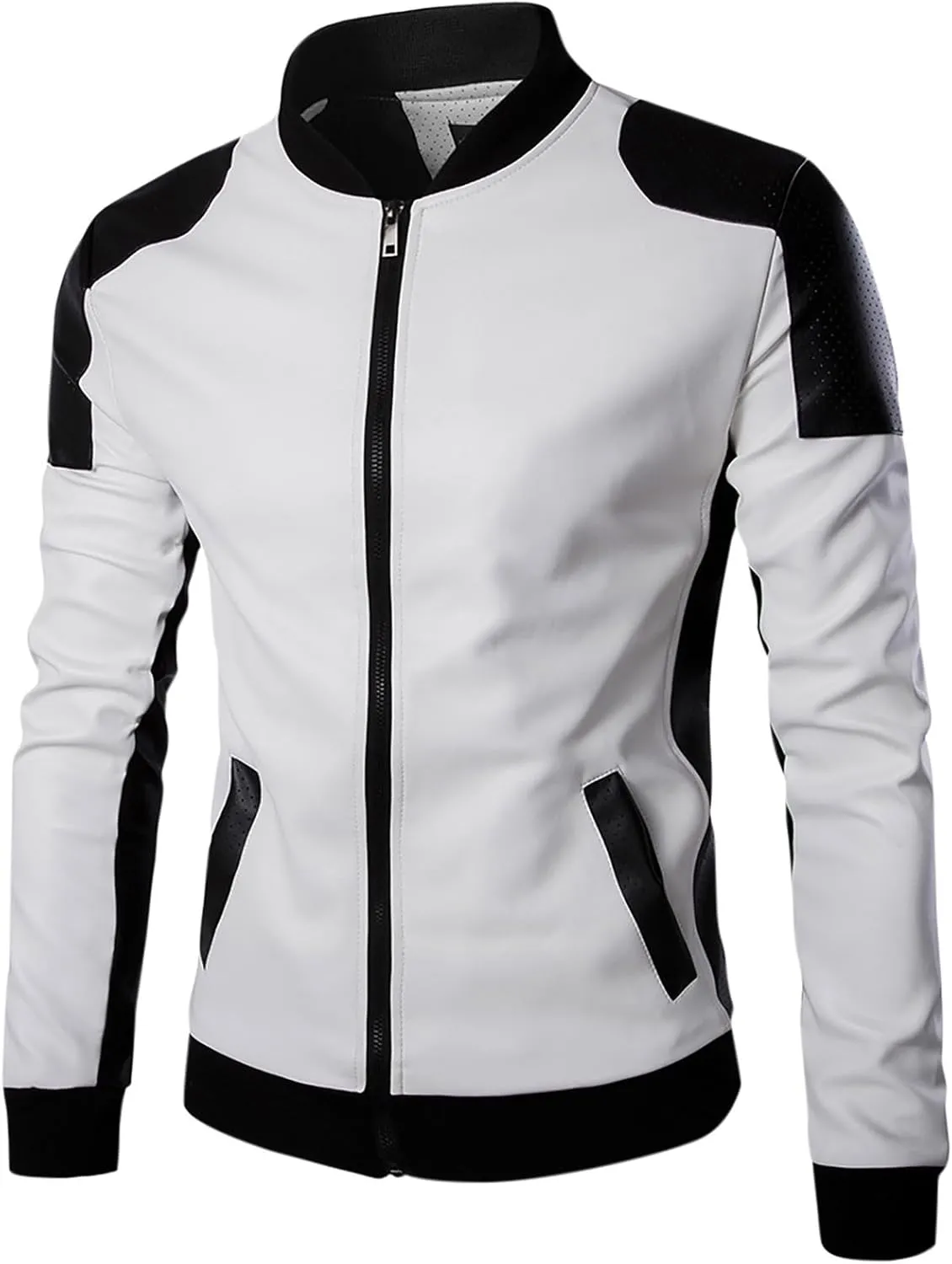 Mens Leather Jacket Color Block Moto Jacket Windproof Zip up Jacket Faux Leather Winter Coat with Pockets
