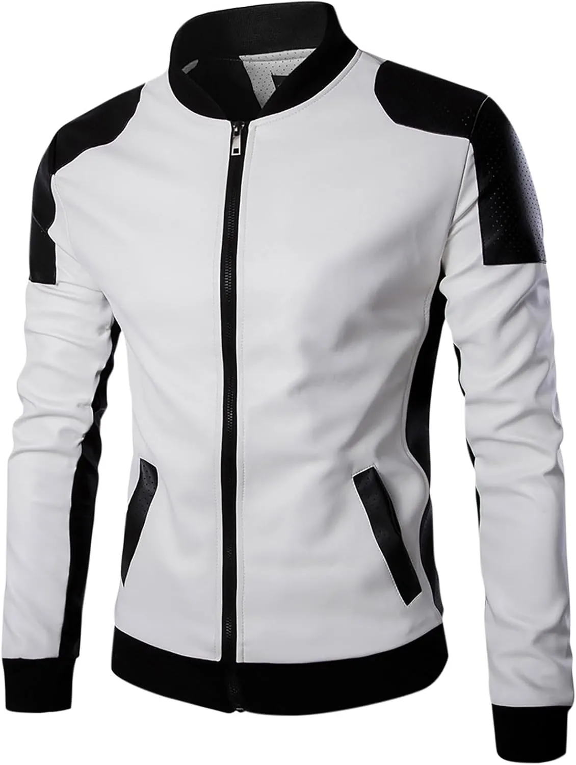 Mens Leather Jacket Color Block Moto Jacket Windproof Zip up Jacket Faux Leather Winter Coat with Pockets