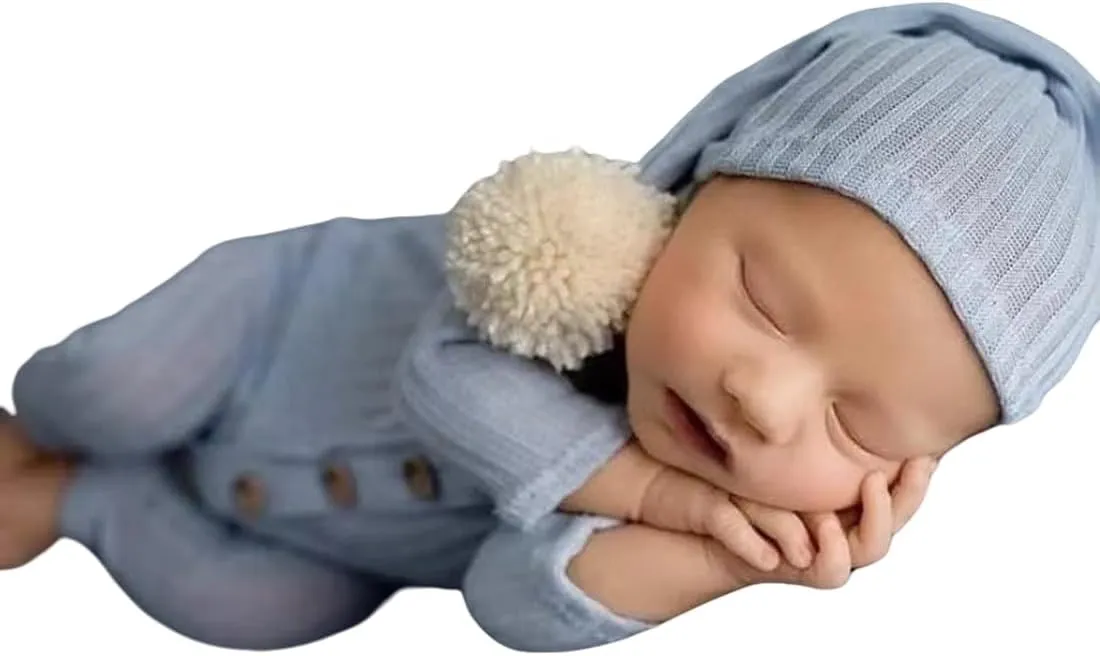 Newborn Baby Photo Shoot Props Girl Boy Crochet Knit Hat Costume Stripe Hat Pants Overalls Photography Props