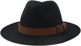 Pulcykp Unisex Panama Wool Felt Hat with Belt Buckle Large Brim Jazz Trilby Cap Party Wedding Hat Black 59to60cm