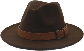 Pulcykp Unisex Panama Wool Felt Hat with Belt Buckle Large Brim Jazz Trilby Cap Party Wedding Hat Coffee 59to60cm