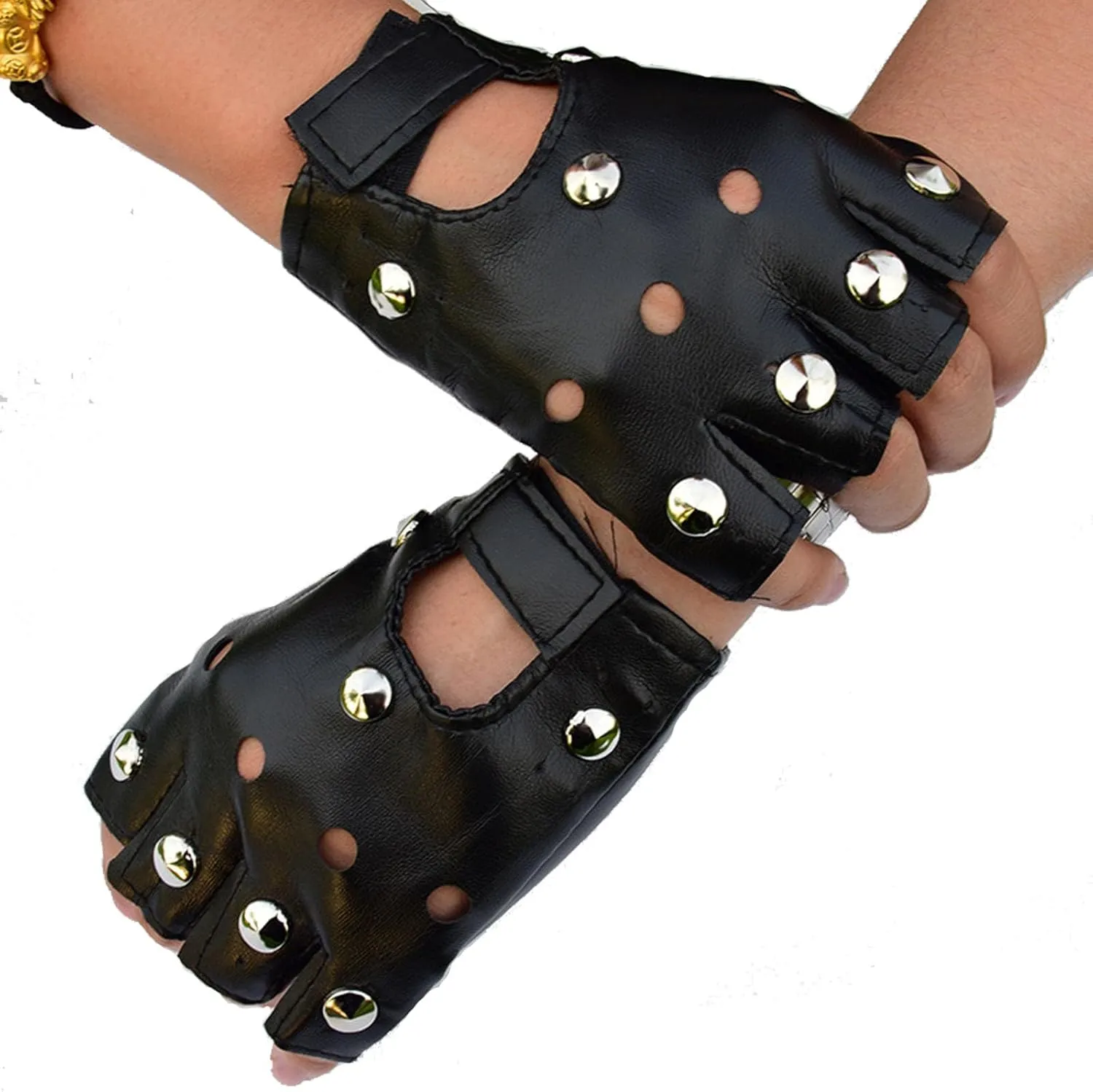 SCORYULE Black Leather Motorcycle Gloves, Gothic Fingerless, Retro Steampunk Punk Biker Gloves for Men, Women, Teens, Adults