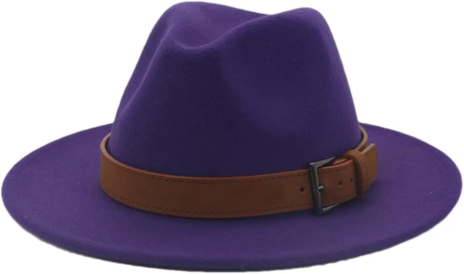 Unisex Panama Wool Felt Hat with Belt Buckle Large Brim Jazz Trilby Cap Party Wedding Hat Purple 56to58cm