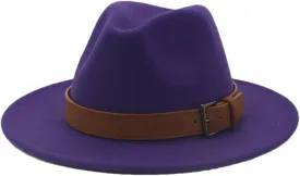 Unisex Panama Wool Felt Hat with Belt Buckle Large Brim Jazz Trilby Cap Party Wedding Hat Purple 56to58cm