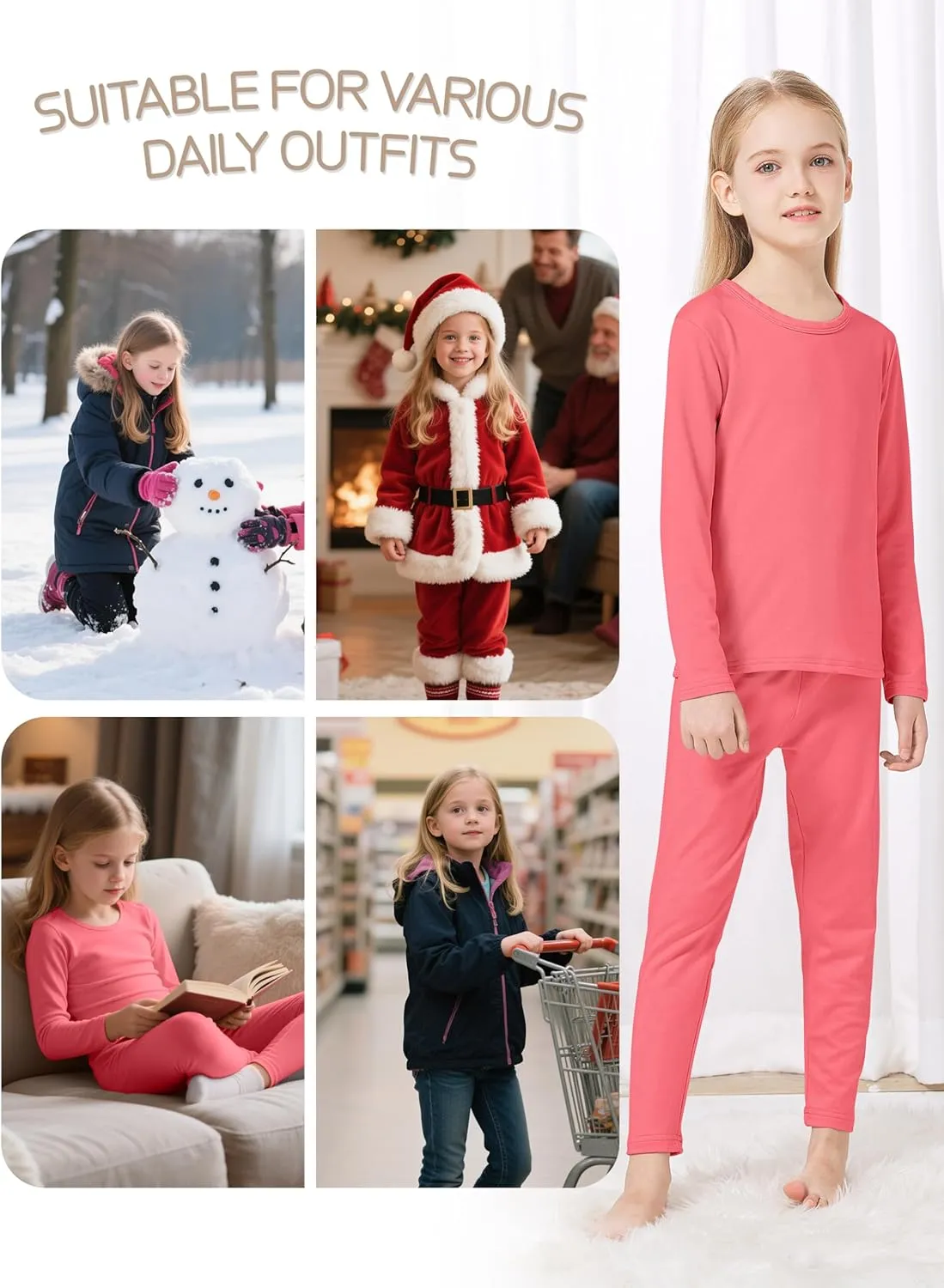 VZV Girls Thermal Underwear Set Kids Thermal Set Fleece Lined Kids Base Layer Long Johns Top and Bottom for Winter