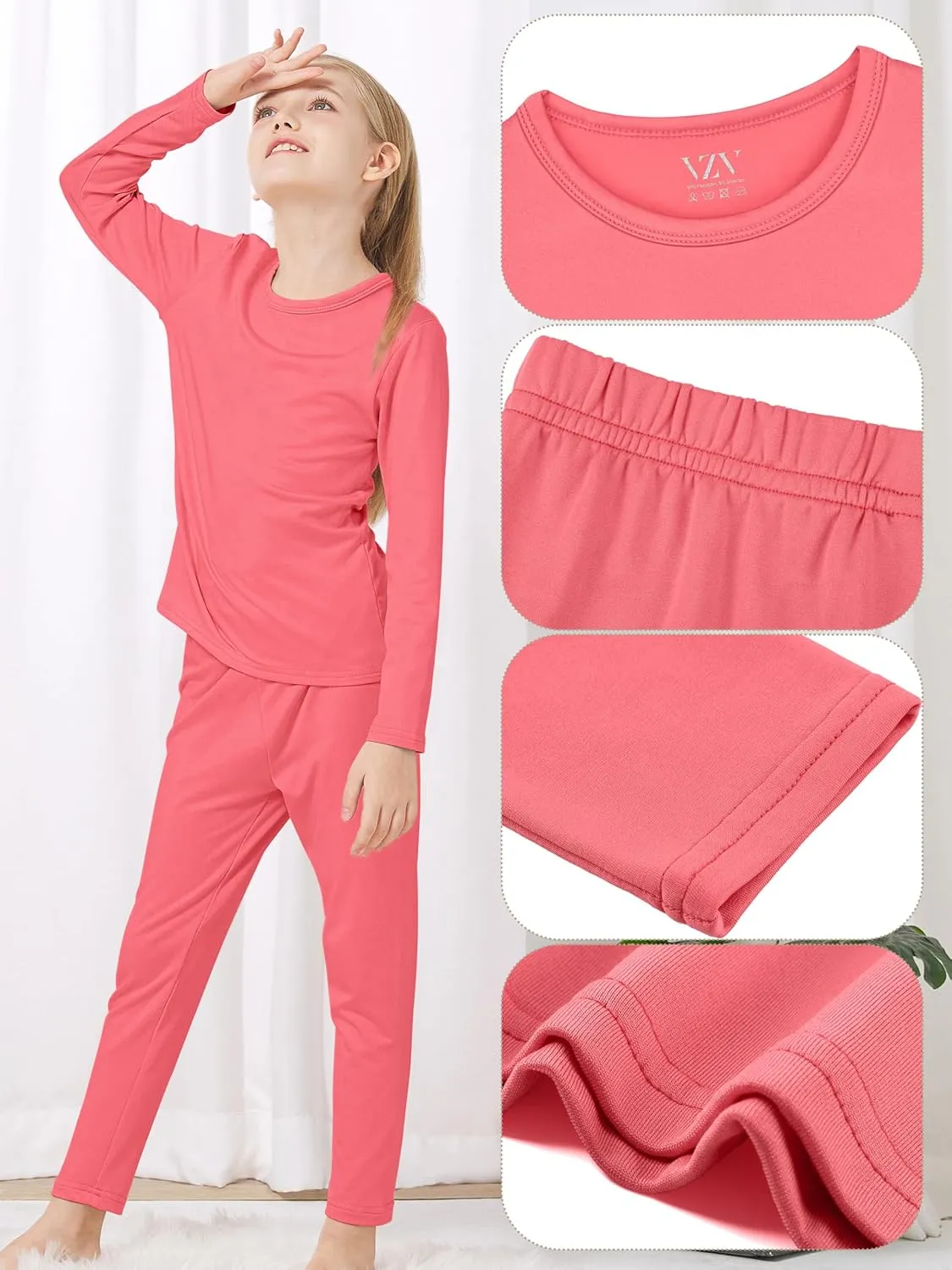 VZV Girls Thermal Underwear Set Kids Thermal Set Fleece Lined Kids Base Layer Long Johns Top and Bottom for Winter