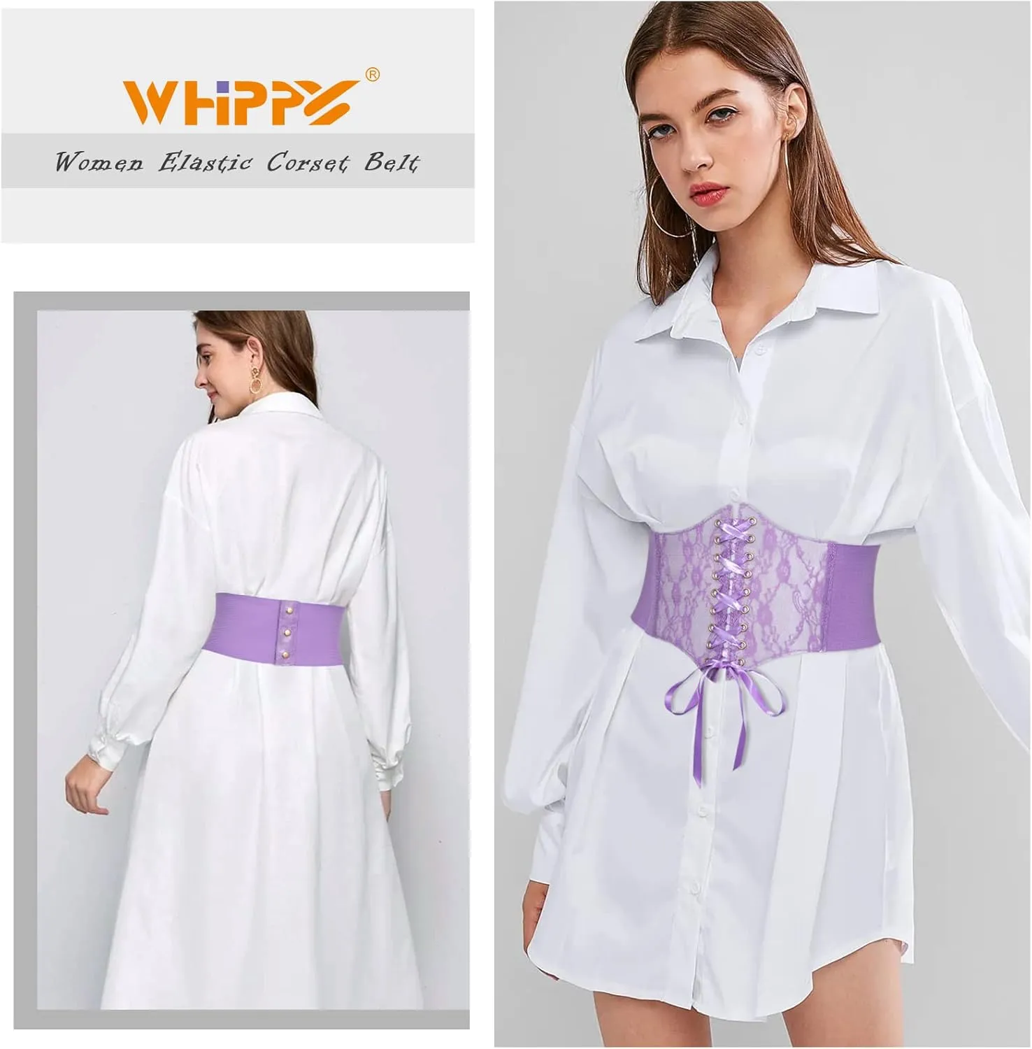 WHIPPY Women Lace-up Corset Waist Belt Transparent PVC Lace Crochet Petal Elastic Wide Belt for Dress