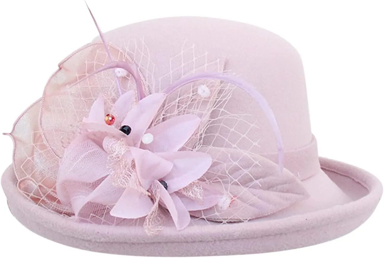 Women Bucket Hat 1920s Vintage Cloche Bowler Hat with Bow/Flower Ladies 1920s Vintage Bowler Flower Hat