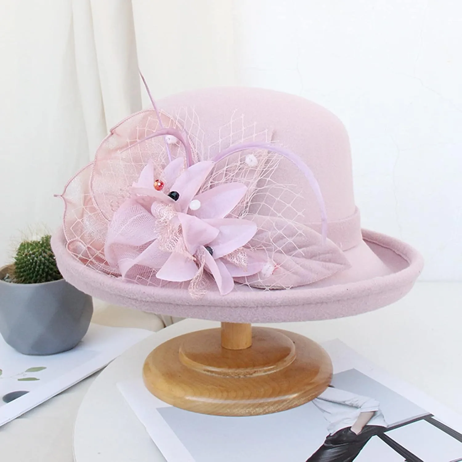 Women Bucket Hat 1920s Vintage Cloche Bowler Hat with Bow/Flower Ladies 1920s Vintage Bowler Flower Hat