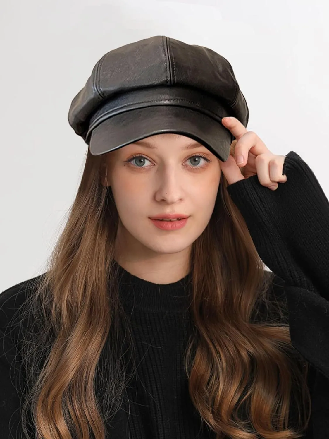 Women Fiddler Cap Newsboy Hat PU Leather Visor Beret Cap