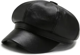 Women Fiddler Cap Newsboy Hat PU Leather Visor Beret Cap