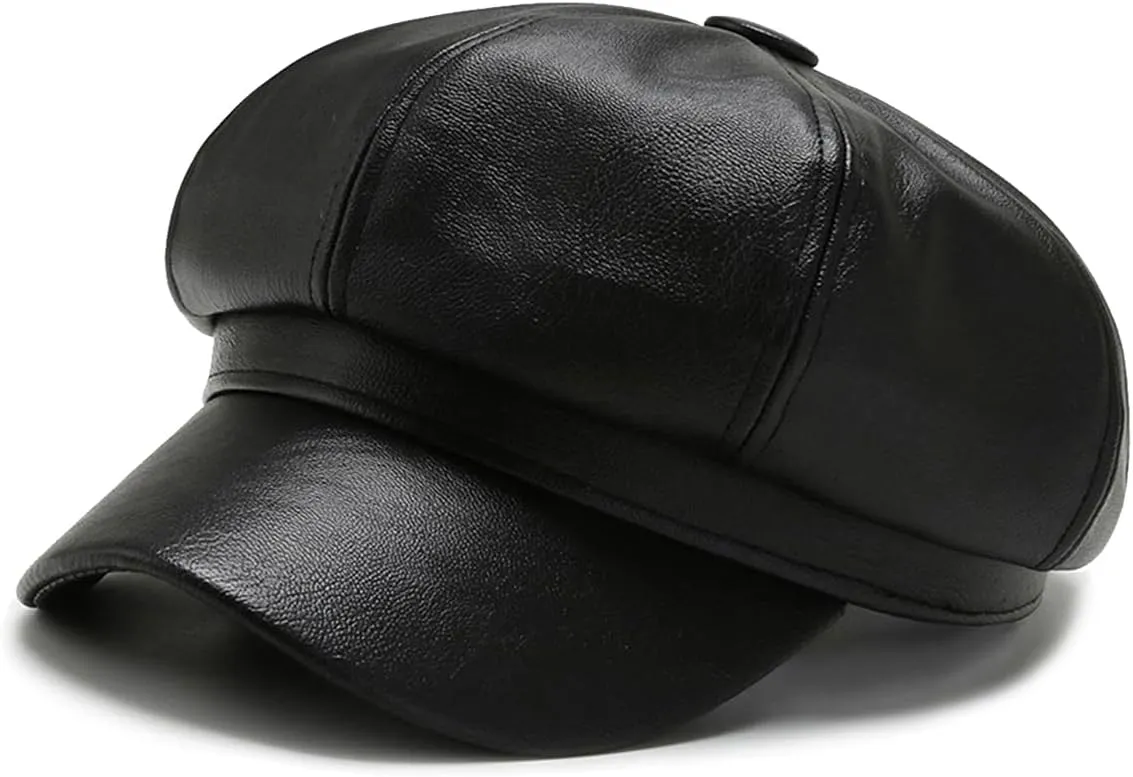 Women Fiddler Cap Newsboy Hat PU Leather Visor Beret Cap