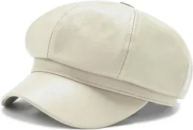 Women Fiddler Cap Newsboy Hat PU Leather Visor Beret Cap