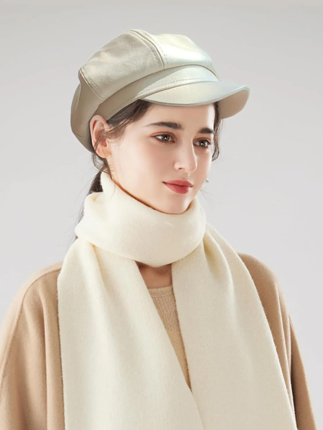 Women Fiddler Cap Newsboy Hat PU Leather Visor Beret Cap