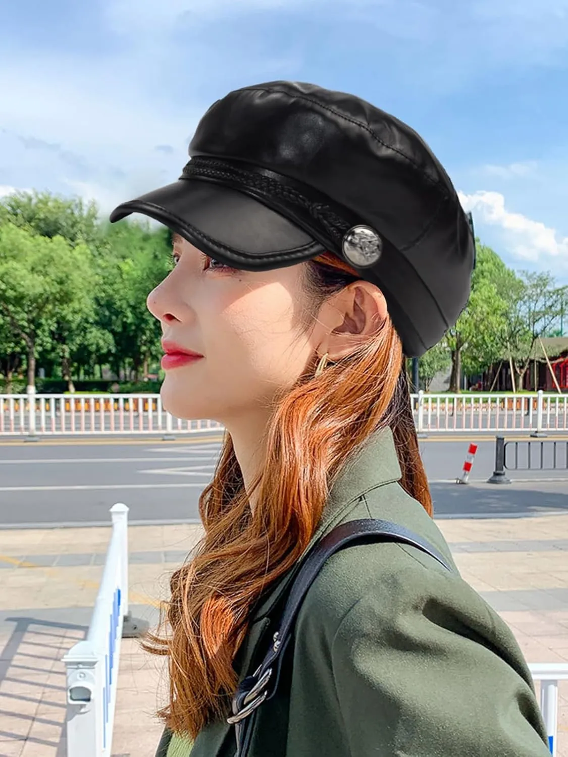 Women Fiddler Cap Newsboy Hat PU Leather Visor Beret Cap