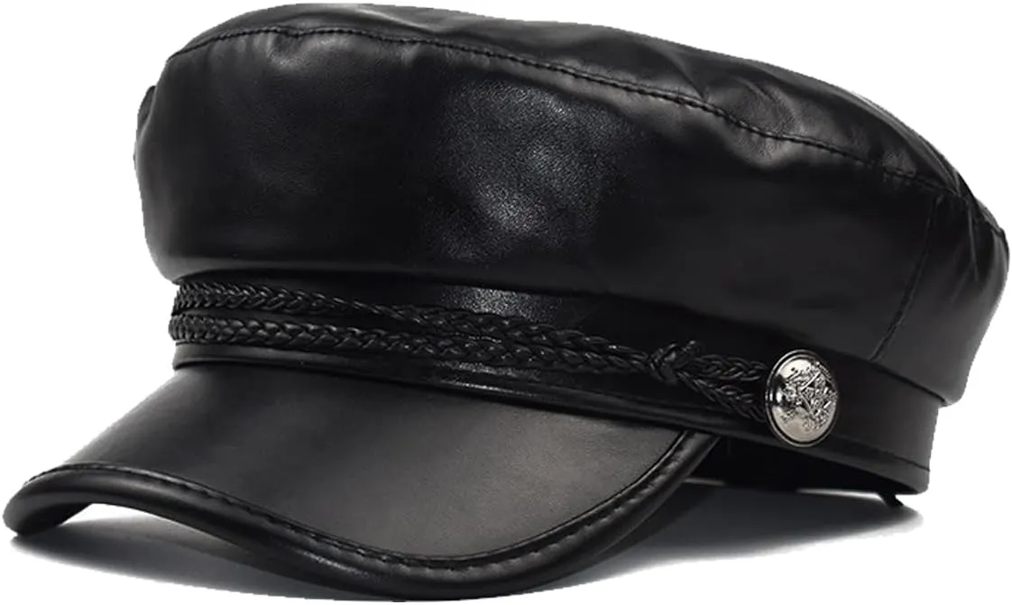 Women Fiddler Cap Newsboy Hat PU Leather Visor Beret Cap