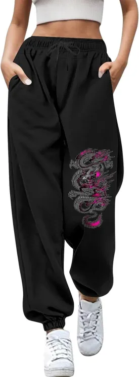 Womens Cinch Bottom Sweatpants Dragon Graphic Joggers Baggy High Waisted Drawstring Waist Active Running Pants with Pockets