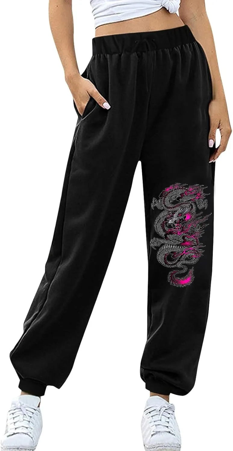 Womens Cinch Bottom Sweatpants Dragon Graphic Joggers Baggy High Waisted Drawstring Waist Active Running Pants with Pockets