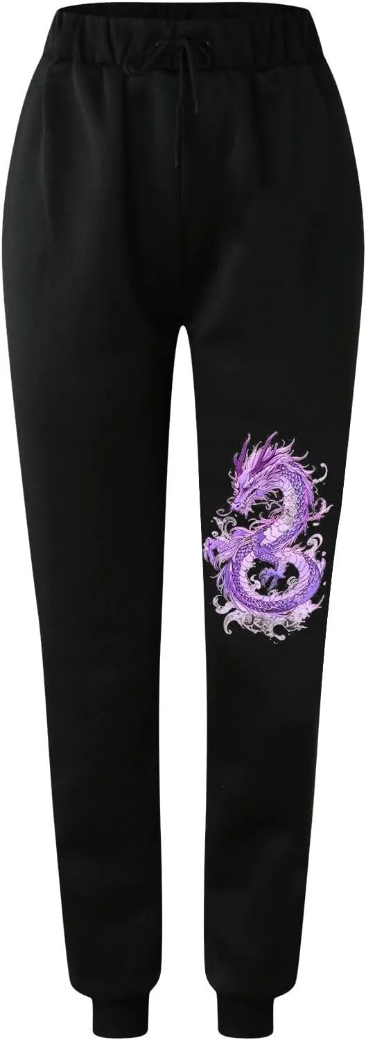 Womens Cinch Bottom Sweatpants Dragon Graphic Joggers Baggy High Waisted Drawstring Waist Active Running Pants with Pockets
