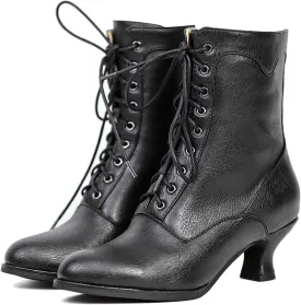 Women's Victorian Ankle Boots - Mid Calf, Round Toe, Black Boots with Chunky Heel & Lace Up Detail